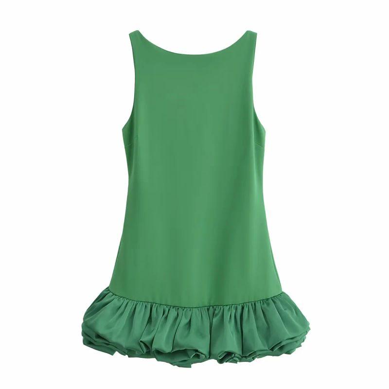 

Spring New Women clothes European and American round Neck Sleeveless Suspender Skirt Hem Laminated Decoration Short Dress 8453777 Green M