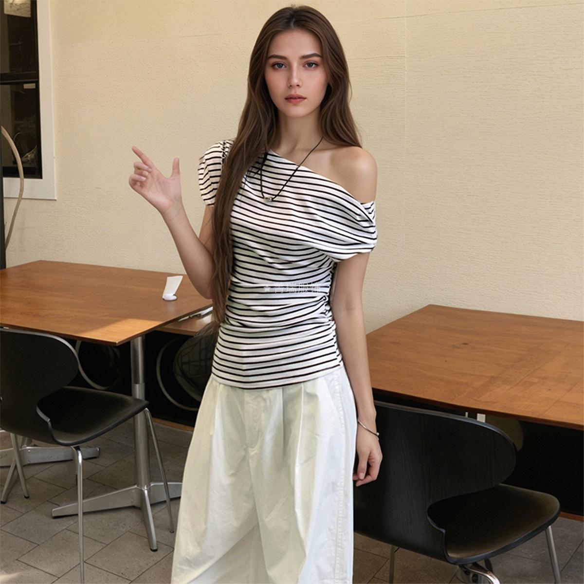 

Женская летняя футболка Spice Girls в полоску с косым вырезом и короткими рукавами, облегающая, с открытыми плечами XL