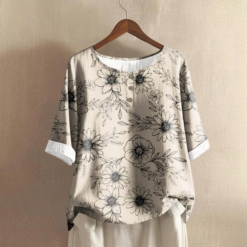 Women's Casual Mid-sleeve Round Neck Retro Floral Print Cotton And Linen Top