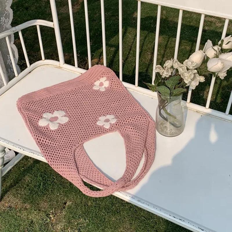 Yogodlns Fashion Sweet Flower Knitted Hollow Tote Bag Large Capacity Shopping Bag Ladies Simple Retro Shoulder Bag Handbag for Women