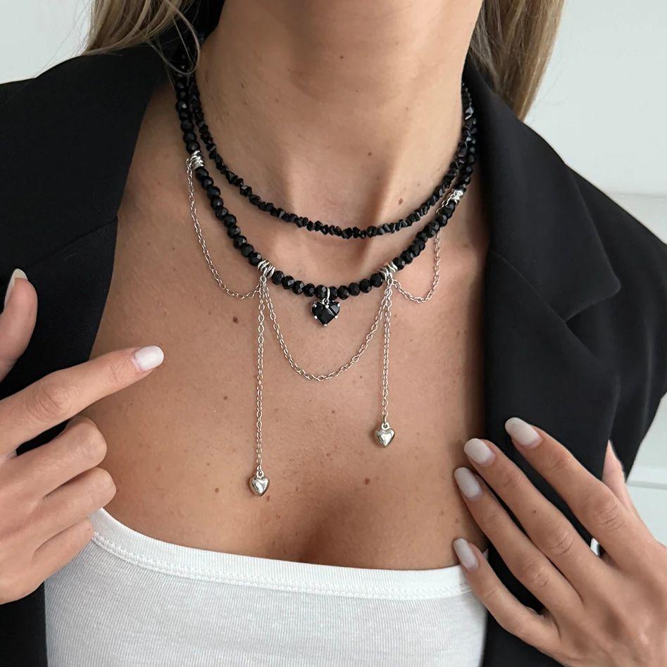 Salircon 2Pcs/set Peach Heart Tassel Pendant Necklace for Women Boho Exquisite Crystal Beaded Clavicle Chain Fashion Y2K Jewelry
