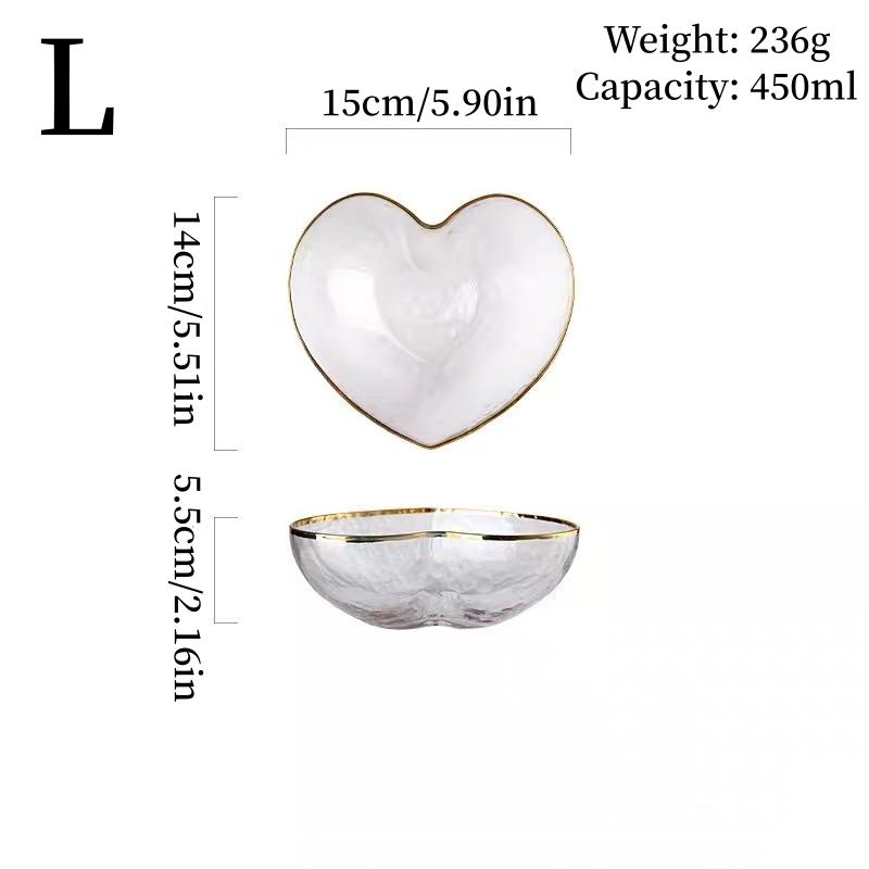 Creative Golden-Bordered Glass Salad Bowl, Ice Cream Dessert Plate, Fruit Plate, Heart-Shaped Bowl, Home Kitchen Tableware