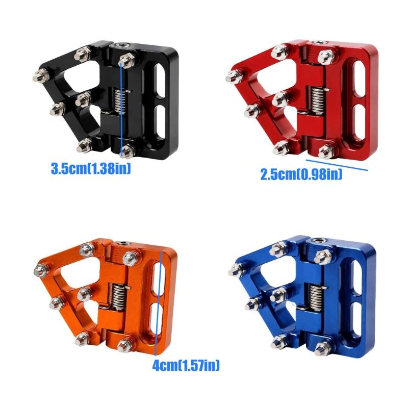Metal-Pin Motorcycle Brake Toe Tip with Pivoting Spring Hinge, Aluminum Body, and an Elongated Slotted Attachment Section