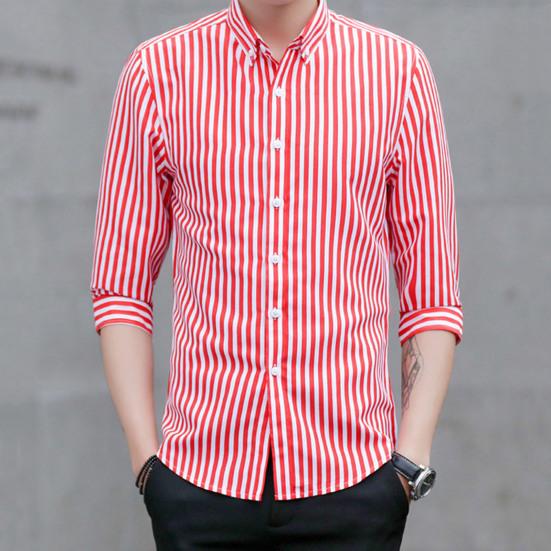 Yaka 3/4 Kol Tek Düğmeli Erkek Gömleği Slim Fit Çizgili Baskılı Günlük Gömlek Üst