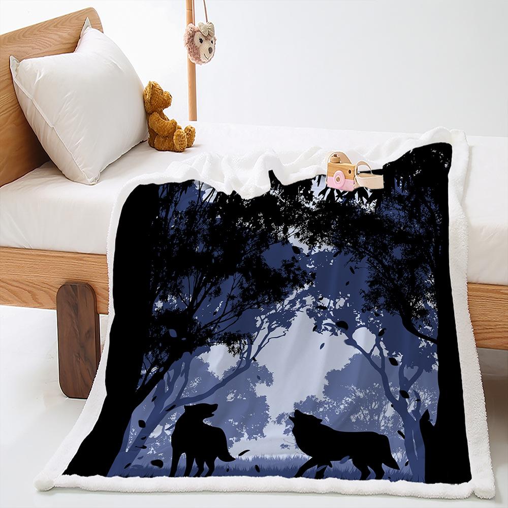 2D Digital Printed Cover Blanket Animal Moonlight Wolf Thickened Lamb Fleece Crystal Fleece Blanket