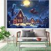 Santa Claus Sled Village Christmas Background with Moon  Snow  and Reindeer - Polyester  No Power Required
