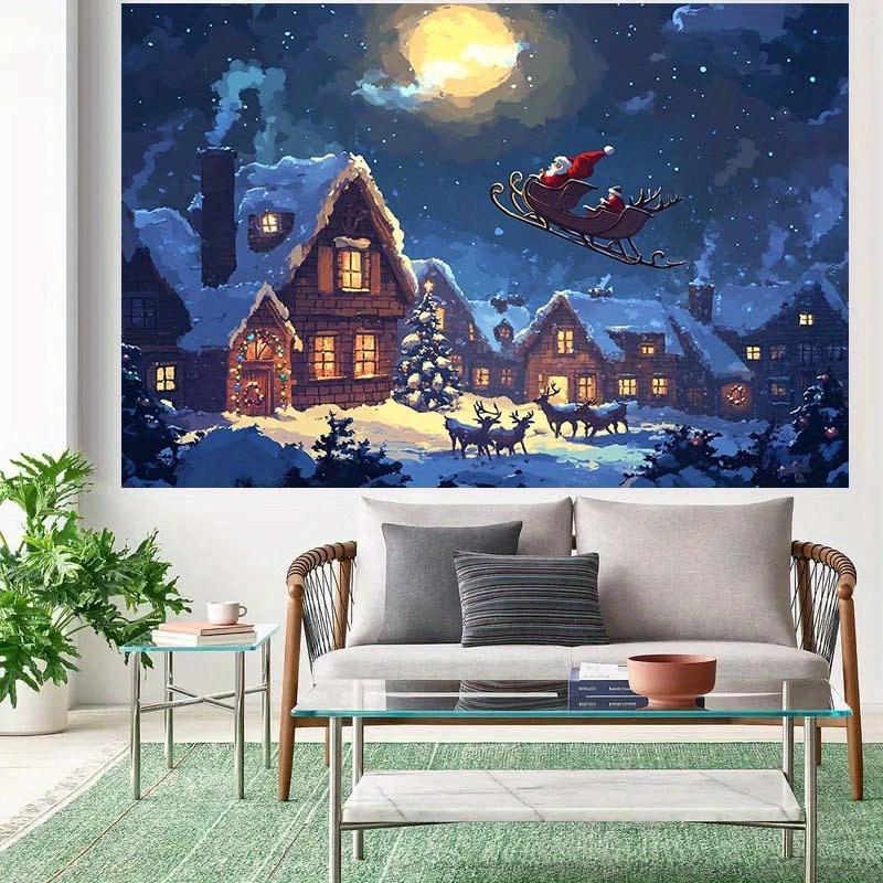 Santa Claus Sled Village Christmas Background with Moon Snow and Reindeer - Polyester No Power Required