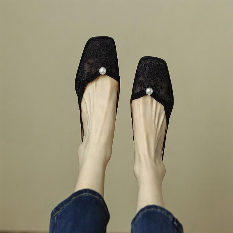 

Breathable mesh pearl bag head sandals 2025 new French medium heel empty square head versatile thick heel women s summer 41 чёрный