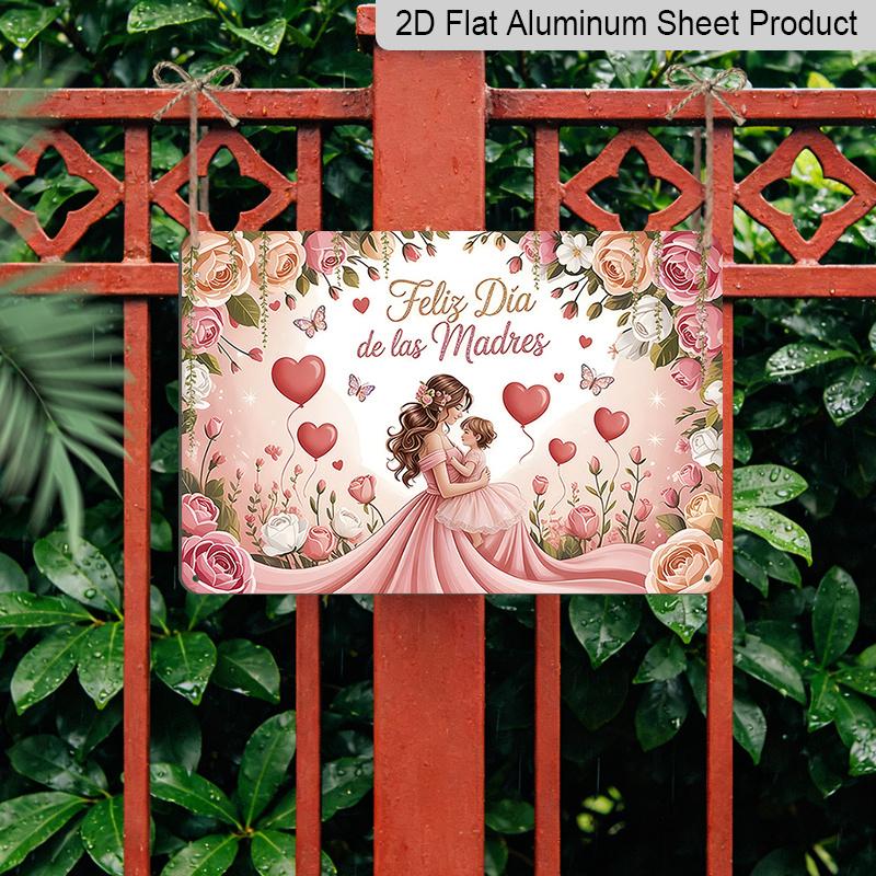 2D Flat, 1pc "Feliz Día De Las Madres" Mother's Day Plaque, 12"×8" - Floral & Mother Child Decor Sign, Pink - Aluminium Wall Hanging Decoration for
