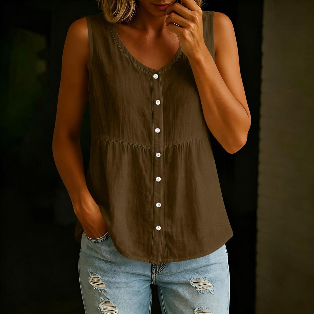 Women’s V Neck Button Front Sleeveless Loose Fit Casual Summer Blouse Top Relaxed Style Lightweight Comfortable Shirt