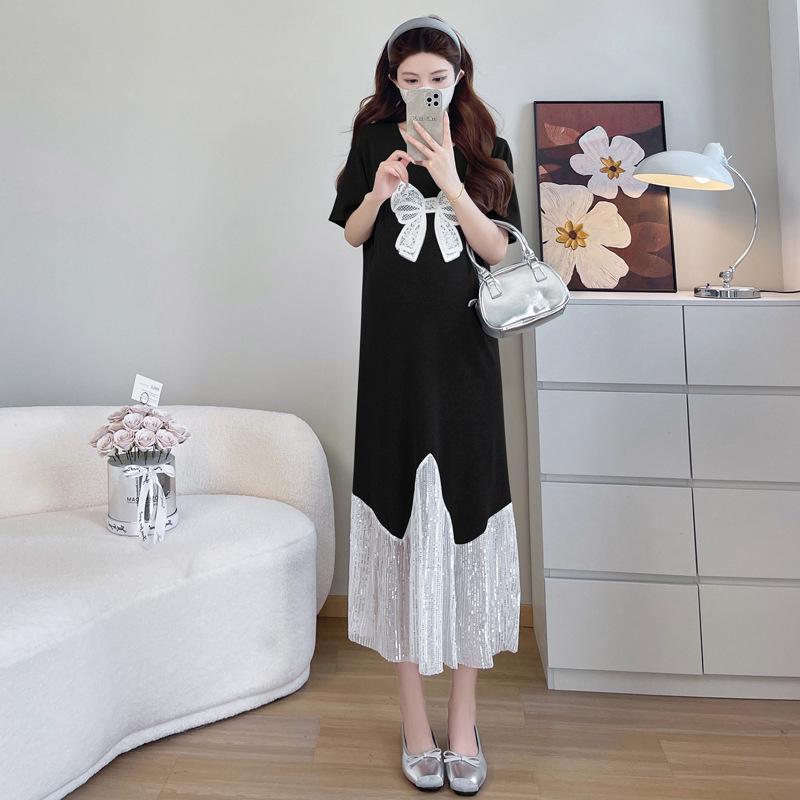 2026 Summer Age-Defying Maternity Dress: Korean Style Patchwork Two-Piece Look Skirt Medium