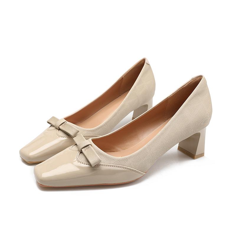 French high heels women's thick heel spring and autumn 2025 new red bow middle heel shoes splicing small fragrant single shoes
