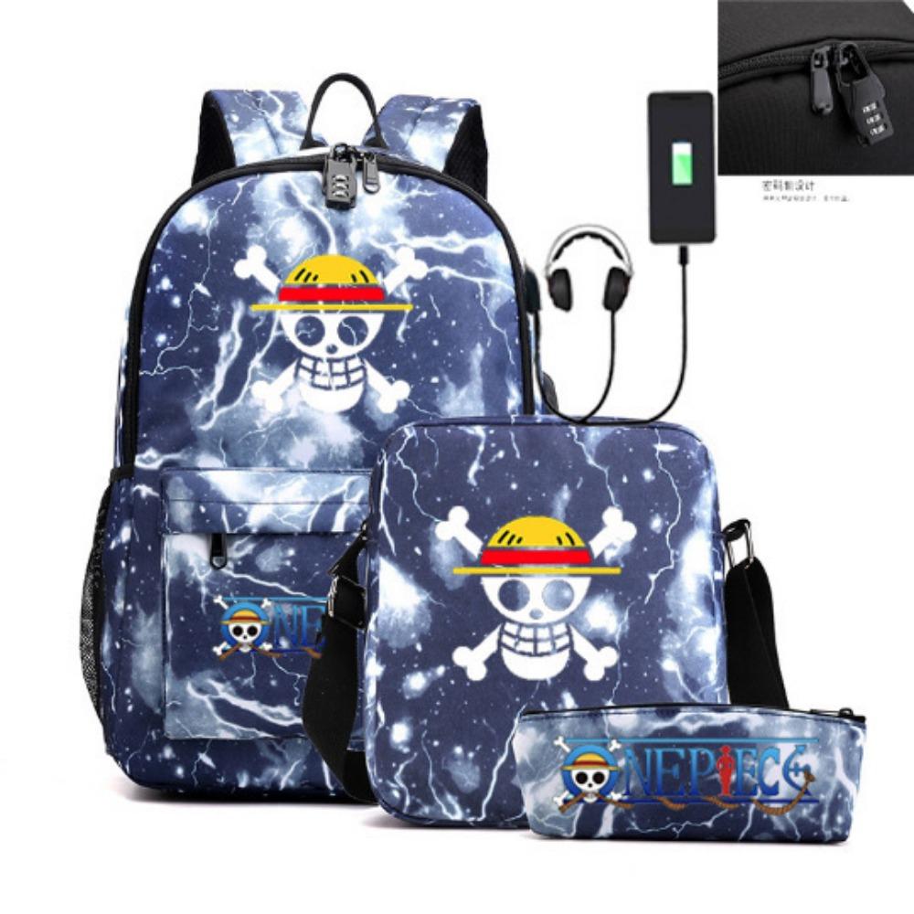 Riman Zaino con lucchetto USB ONE PIECE borsa a tracolla borsa da scuola per studenti astuccio set da tre pezzi uomo e donna