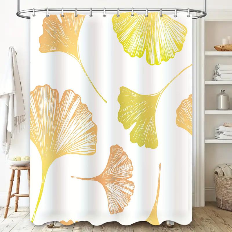 Modern Bathroom DecorBeautiful Leaf Print Shower Curtain Set in Yellow Orange Perfect for Your Home Bath