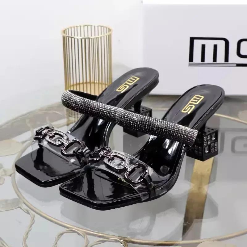 Sommer Damen High Heels Quadratischer Diamant Metall Dekostreifen Sandalias De Mujer Sexy Vielseitig Große Größe Damenschuhe