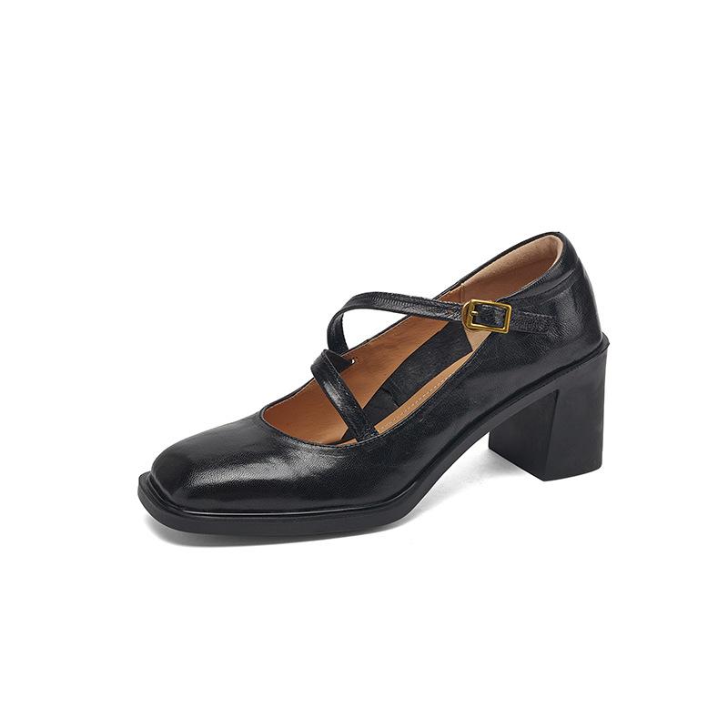 

2025 spring double belt silent Mary Jane square head thick heel rubber sole leather Mary Jane shallow mouth single shoes 35
