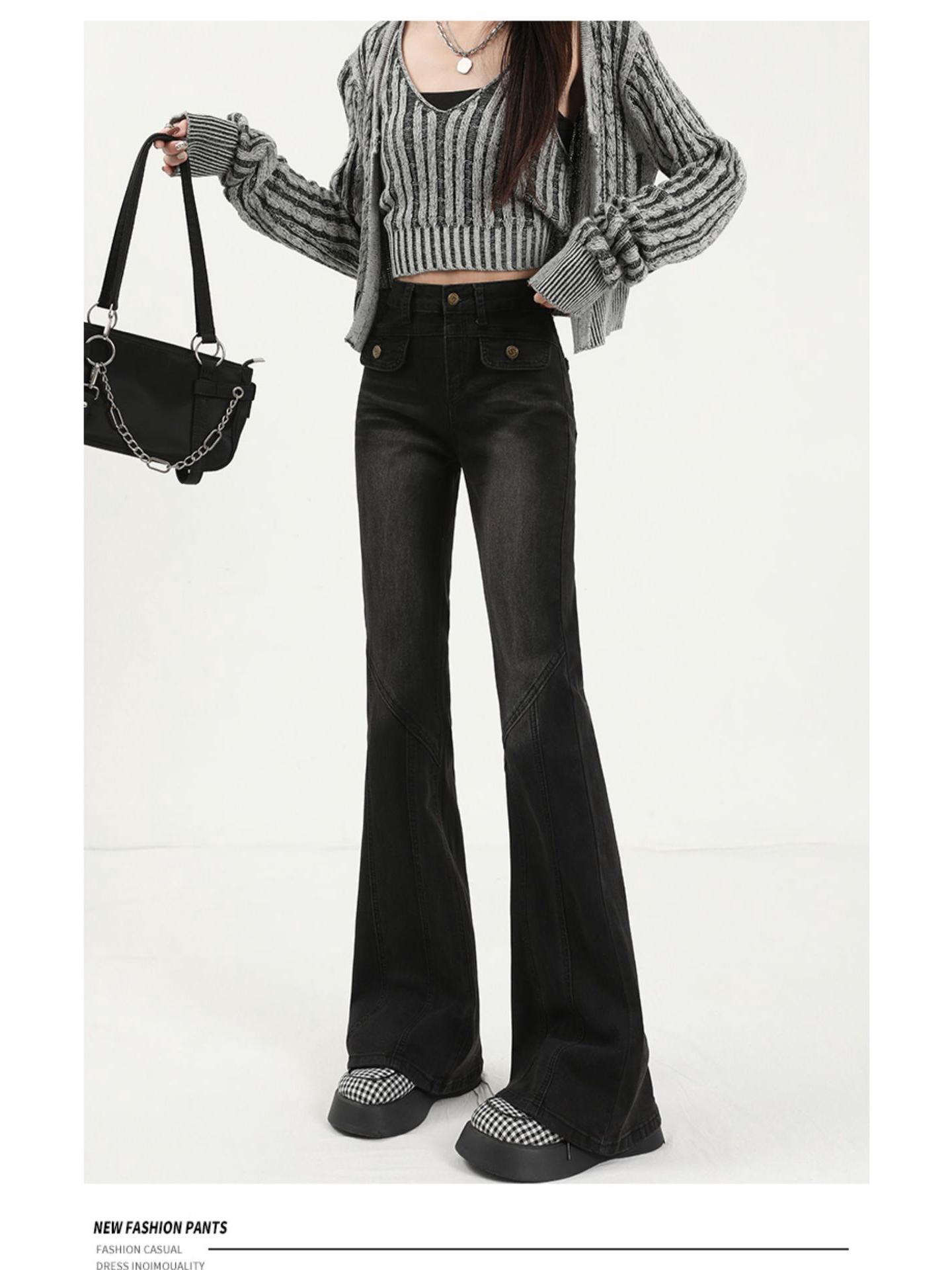 

American Retro Spicy Girl Flare Jeans - Women s Micro Flare Pants, European Vibe for Spring, Autumn, and Winter S чёрный