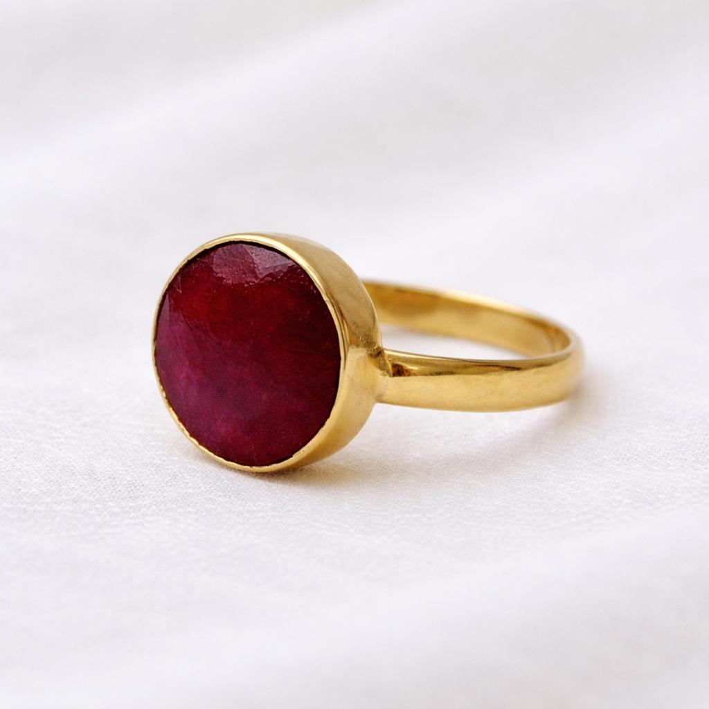 925 Sterling Zilver Goud Verguld Robijn Ring – Minimalistische Ronde Statement Ring – Handgemaakte Boheemse Sieraden
