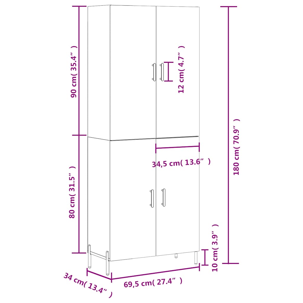 Highboard Gray Sonoma 69.5 X 34 X 180 Cm Particleboard