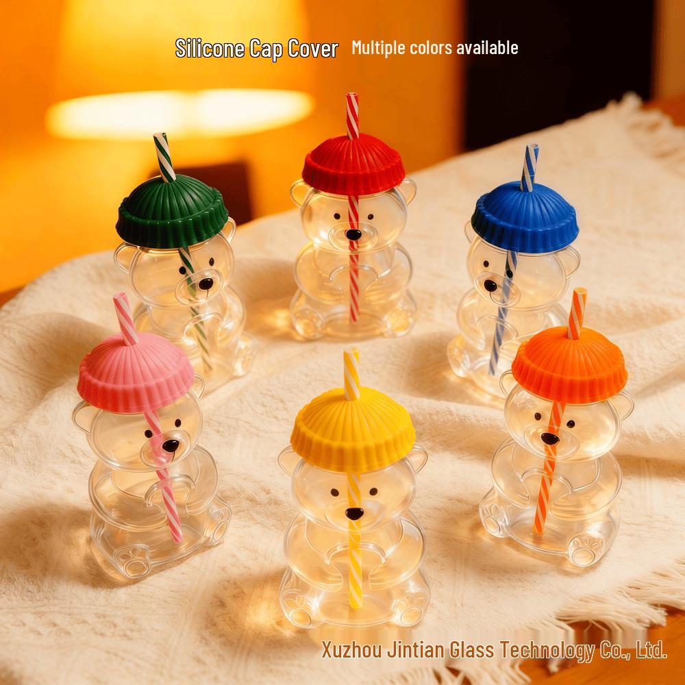 Hitzebeständiger Cartoon-Bären-Glasbecher mit Strohhalm - Süßes Borosilikatglas für Frauen