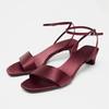 Fashion Burgundy Satin Low Heel Sandals Women Summer Sexy Open Toe Ankle Buckle Dress Shoes Luxury Brand Designer Shoes Zapatos De Mujer