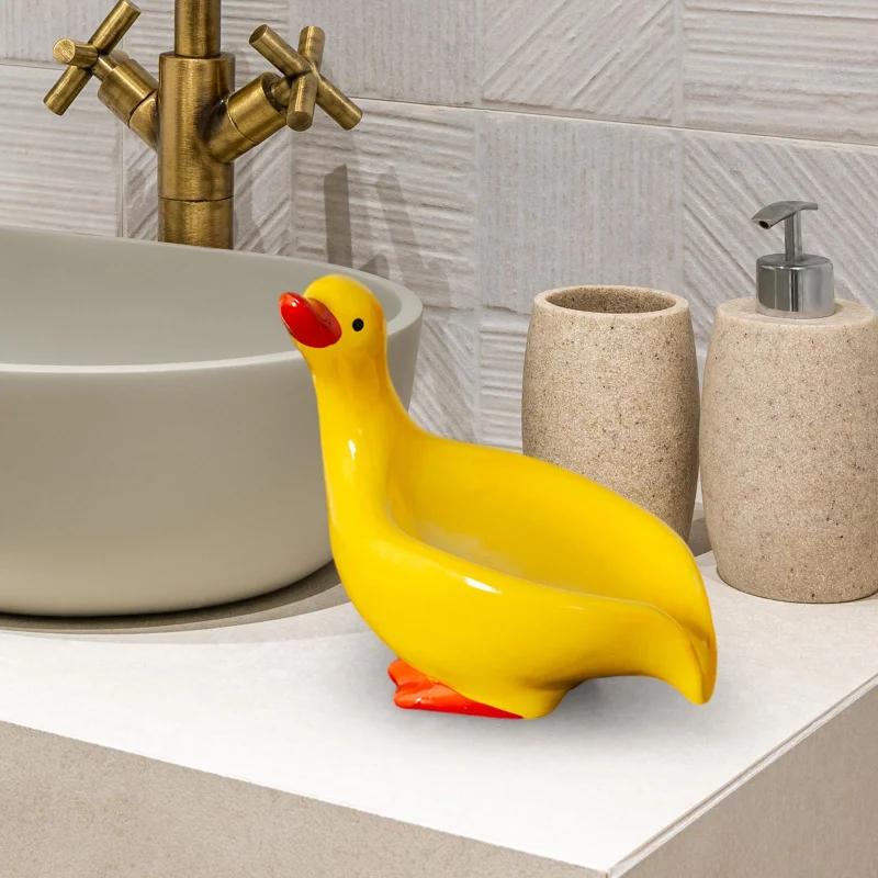Ceramic Duck-Shaped Soap Dish with Self-Draining Design  for Shower Bathroom Kitchen Tub Sink Tray