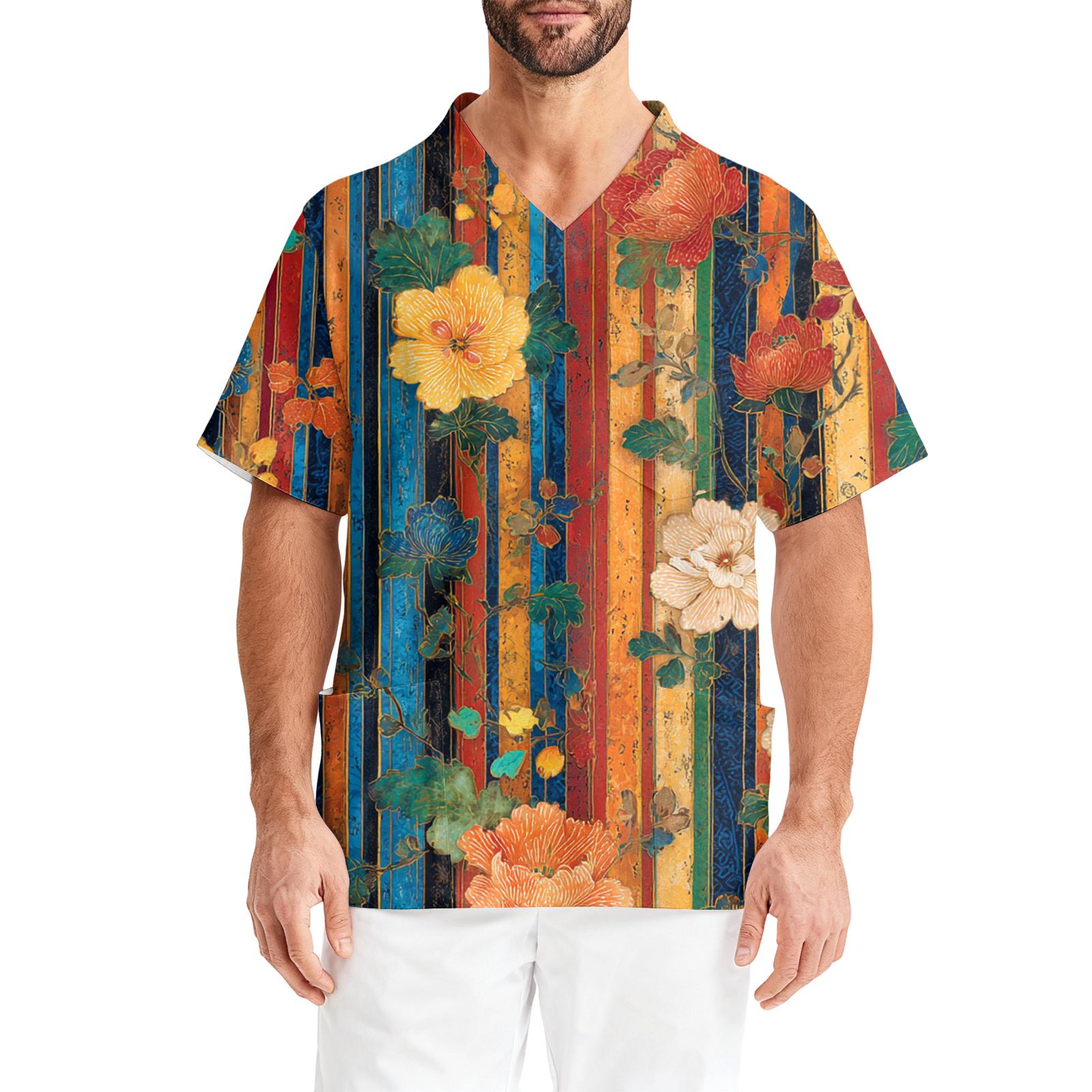 Мужская рабочая блузка с короткими рукавами и v-образным вырезом с принтом топ с нагрудным карманом XL жёлтый 1570₽