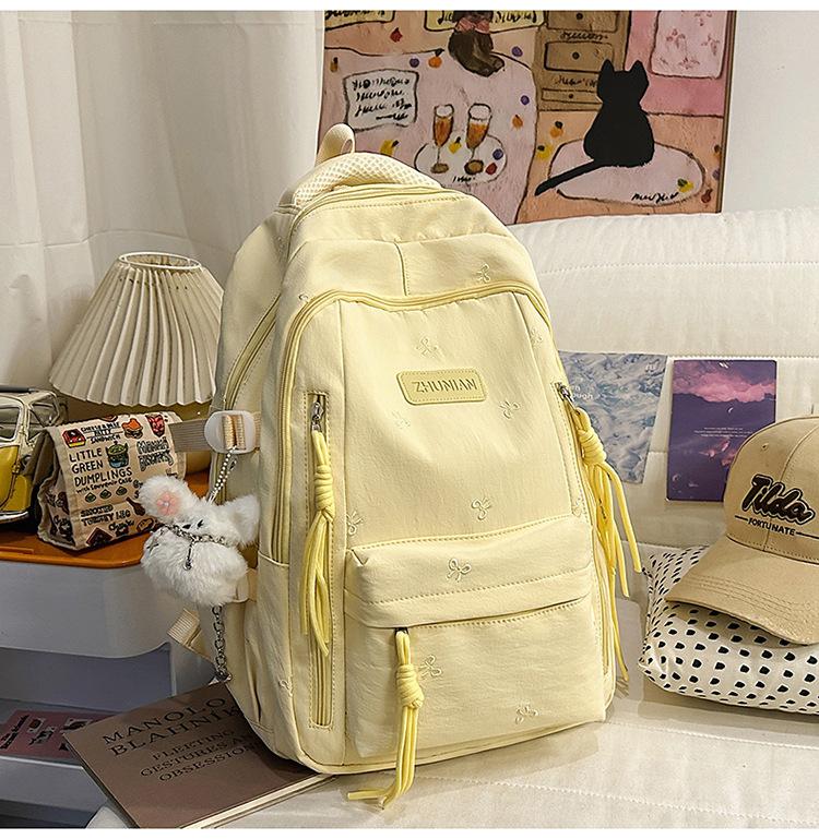 Schoolbag Cute Bow Embroidered Backpack Female Student Backpack Large Capacity Plush Pendant Elementary School Student Junior School Bag