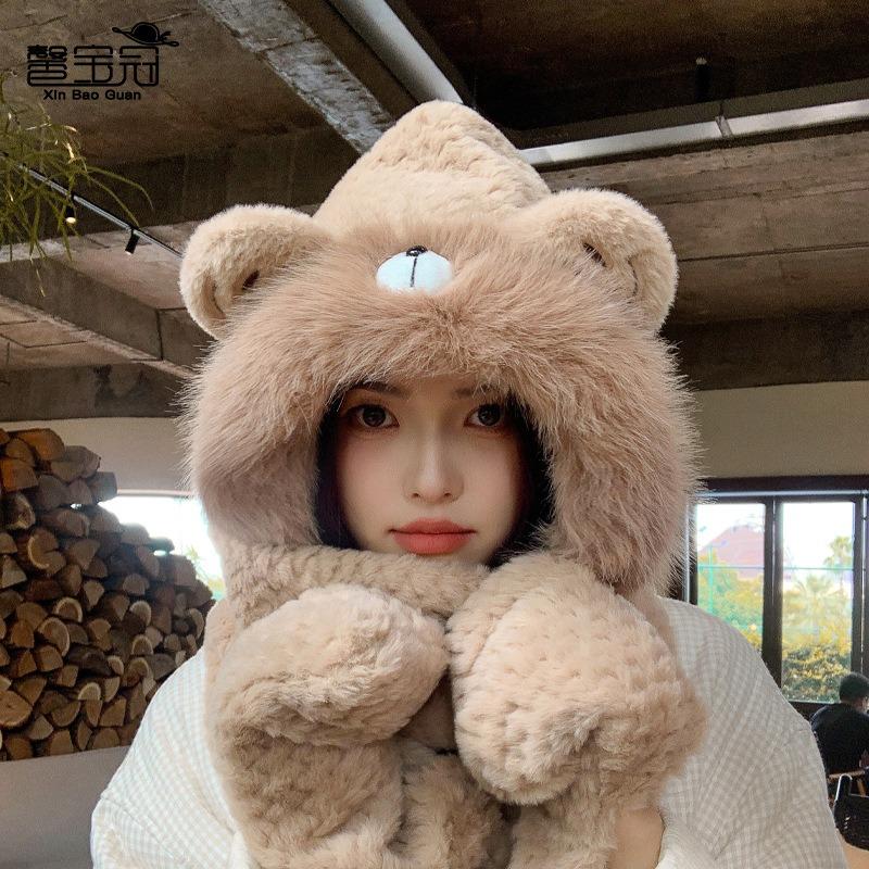 Plush hat, scarf, gloves, integrated hat, female cute fashion ear protection pullover hat, winter warm and cold three-piece set