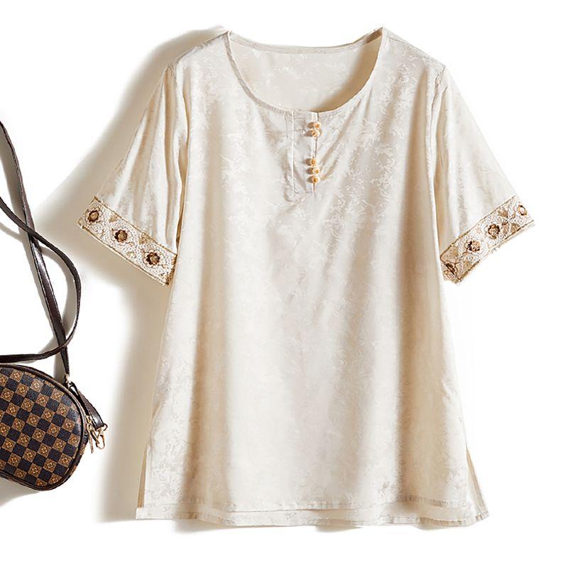 

Satin Poplin Cotton Wenjing Women Summer round Neck Short sleeve Buckle Pendant T-shirt Upper Body Super Elegant Top Beige L