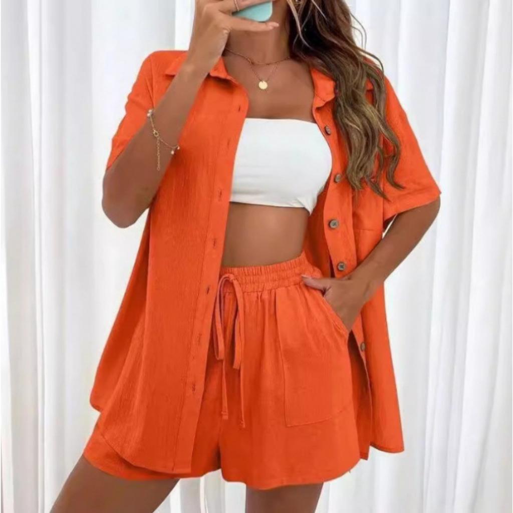 Women's Turn Down Collar Half Sleeve Slim Fit Solid Color Top Shorts 2-Piece Set
