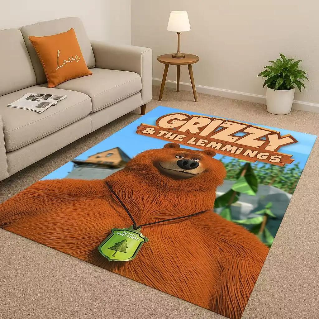 3D Kawaii Grizzy and The Lemmings Cartoon Living Room Non-Slip Area Rug Carpet for Bedroom Playroom Sofa,Home Doormat Gift Kid