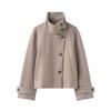 Women's Stand Collar Asymmetric Button Cropped Coat Solid Color Turn Cuff Patch Pockets Loose Fit Casual Outerwear