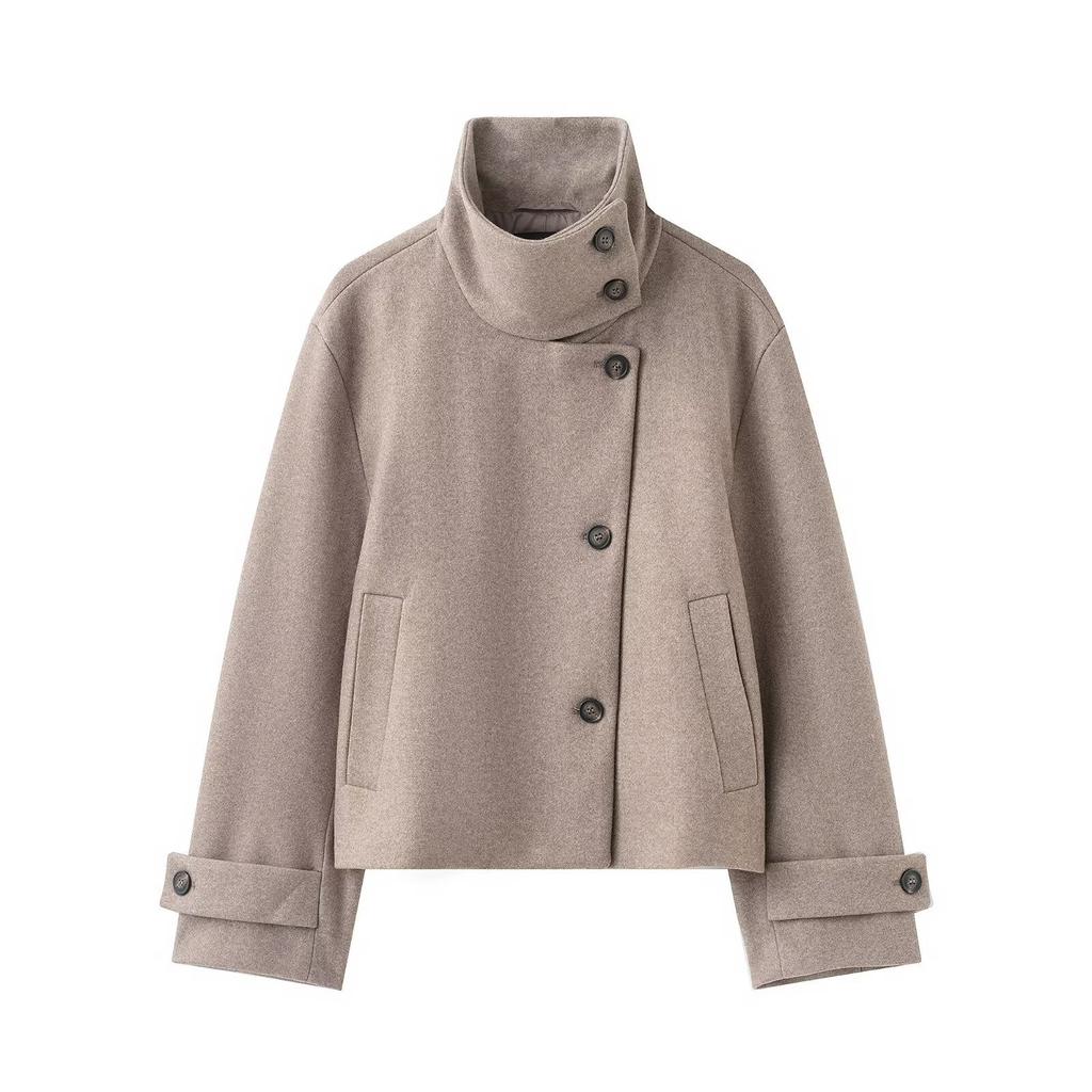Women's Stand Collar Asymmetric Button Cropped Coat Solid Color Turn Cuff Patch Pockets Loose Fit Casual Outerwear