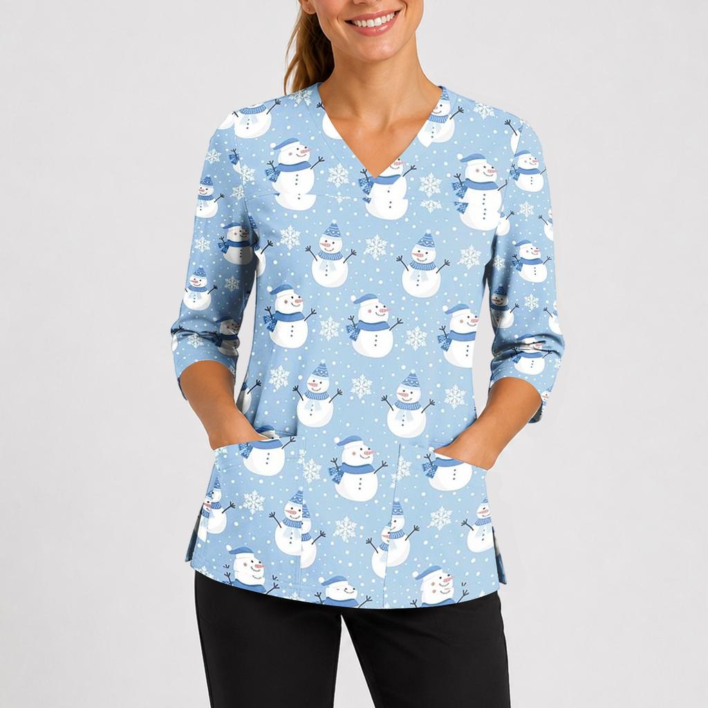 Women's Christmas Print Uniform V-Neck Scrub -Quarter Sleeve for Caregivers