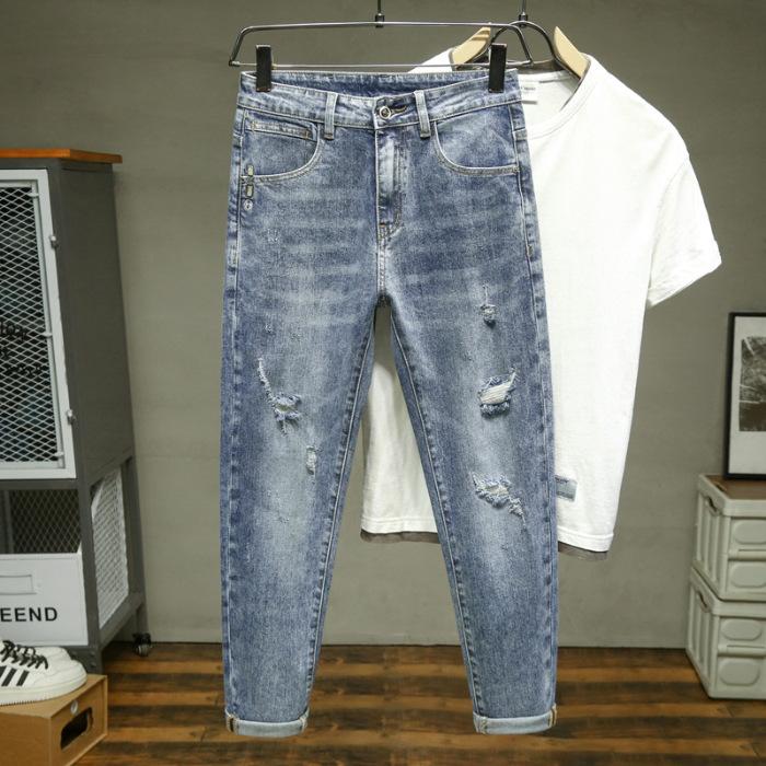 

Весна Рваный Рубец Восстановление Тренд Универсальные Эластичные Джинсовые Брюки-щипки Мужские 38