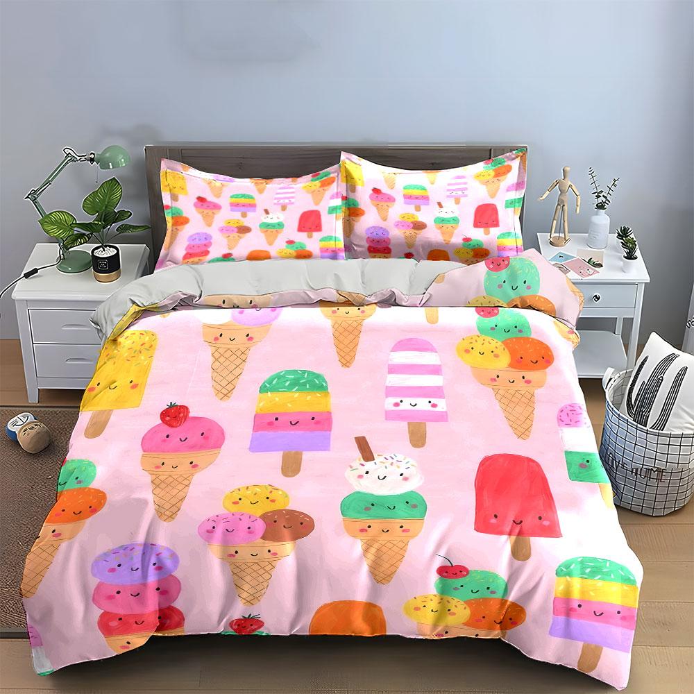 Colorful Ice Cream Prints Set Soft Comfortable Duvet Cover Bedding Set Included 1*Duvet Cover & 2*Pillowcases, Gift