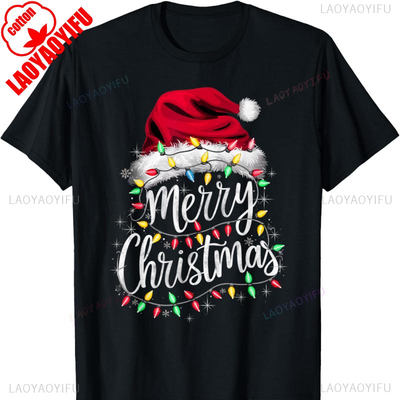 Red Santa Lights Design Christmas Cotton Tshirt for Men and Women Crew Neck Short Sleeve  All Seasons Casual Fashion Soft Ideal