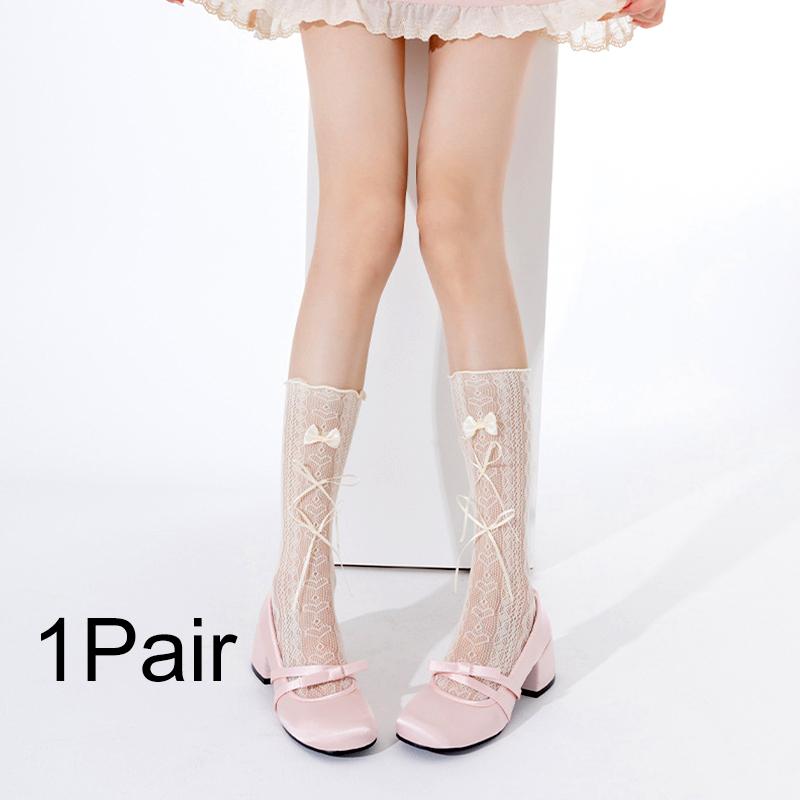 1Pair Lace Stockings Fairyism Sweat Absorption Sweet Middle Cylinder Korean Series Transparent Pile Socks Butterfly Knot