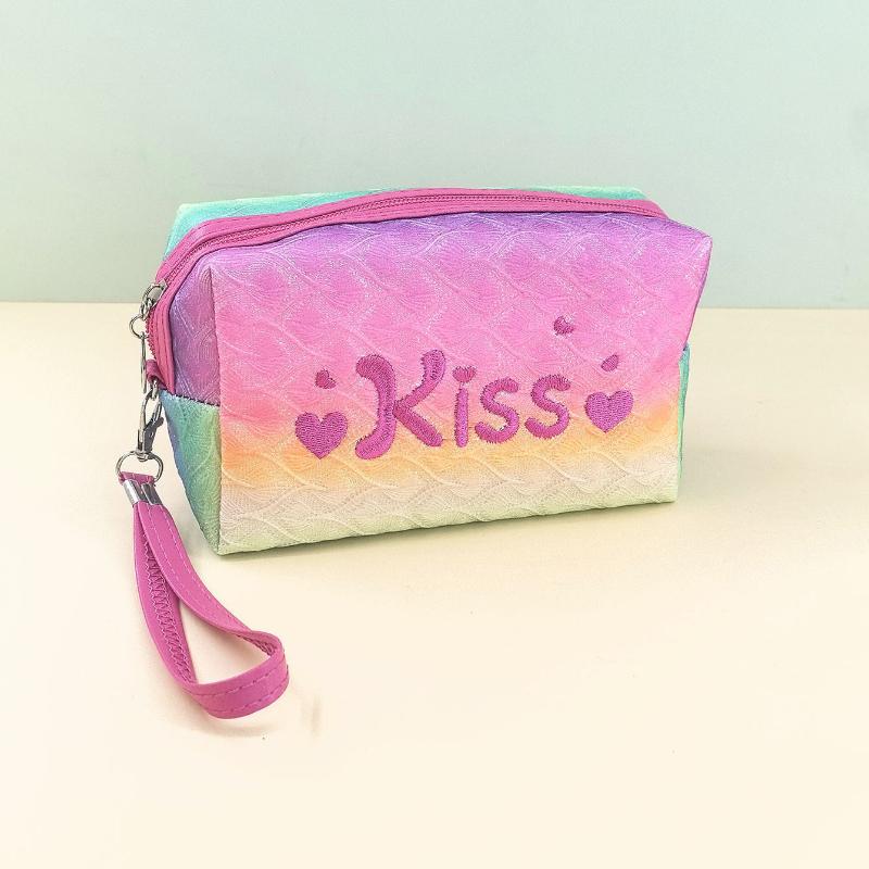 Fashion Embroidered Kiss Letter Makeup Bag Ins Style Gradient Color Storage Bags Large Capacity Toiletry Bags For Women Gifts