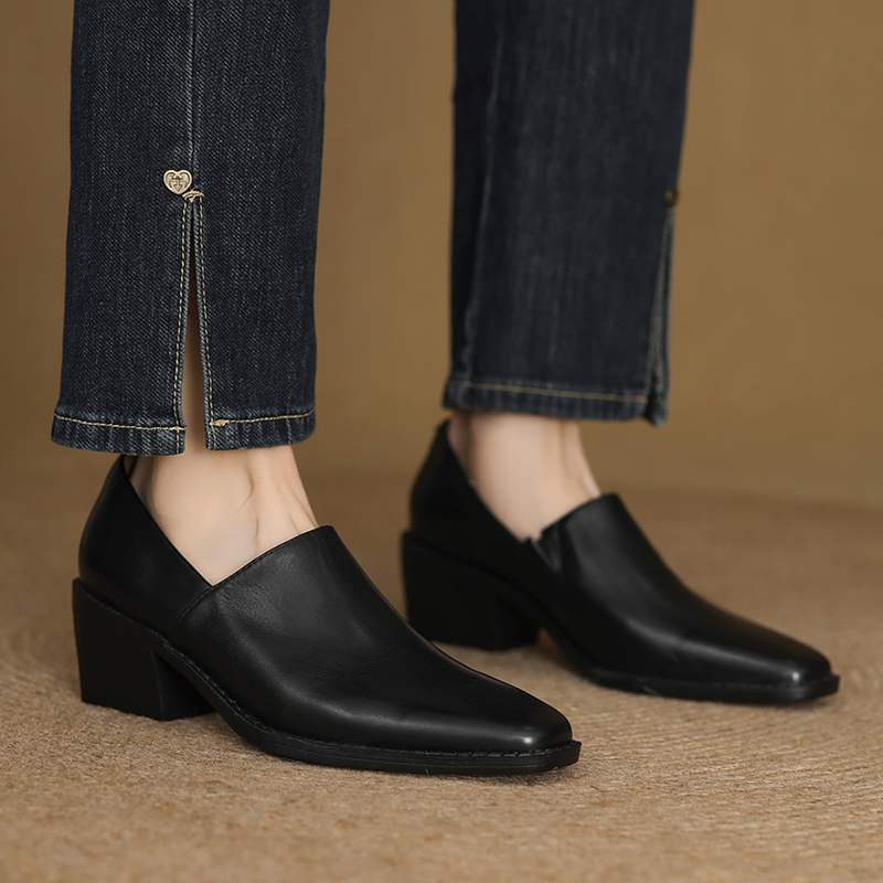 Krazing Pot Cow Skin Fashion Spring Autumn Thick High Heels Women Round Toe Office Lady Retro Fashion Pumps