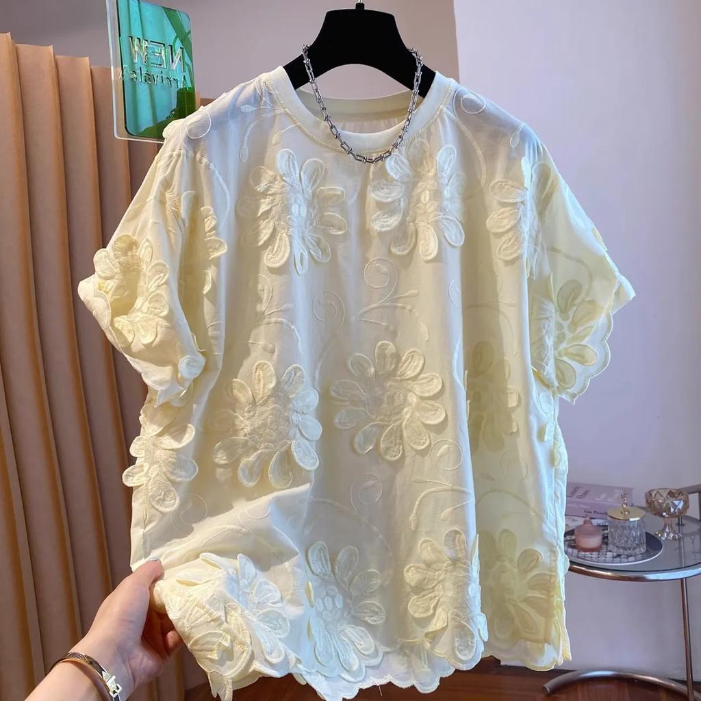 Sommer Französisch Sanft Dreidimensional Blume Gelb T-Shirt Damen Kurzarm Neu Locker Westlicher Stil Kleines Hemd Oberteil