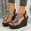 Silver Glitter Butterfly Decoration Straps Sandals Women 2025 Summer Chunky Platform Wedge Heels Shoes Sexy Black Party Shoes
