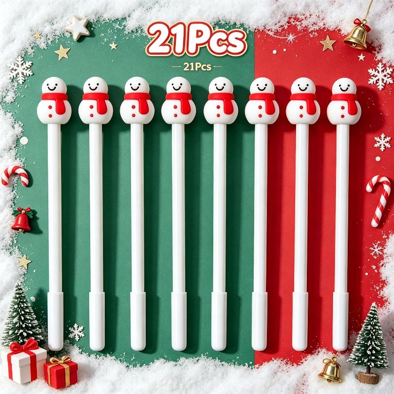 21Pcs Back To School Season Student Stationery, Christmas Snowman Decorative Writing Pens, Cute Snowman Topper Design White Pen Set, Novelty Holiday T