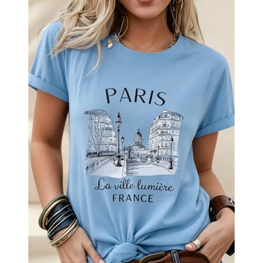 Daily Wear Basic Top Tee Fashion New Women Crew Neck Short Sleeve T-Shirt, Loose Casual Paris Graphic Print