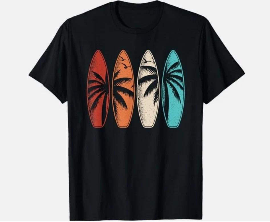 Tropical Hawaii Surfing Graphic T-Shirt Retro Palm Tree Beach Surfboard Tee XXXL