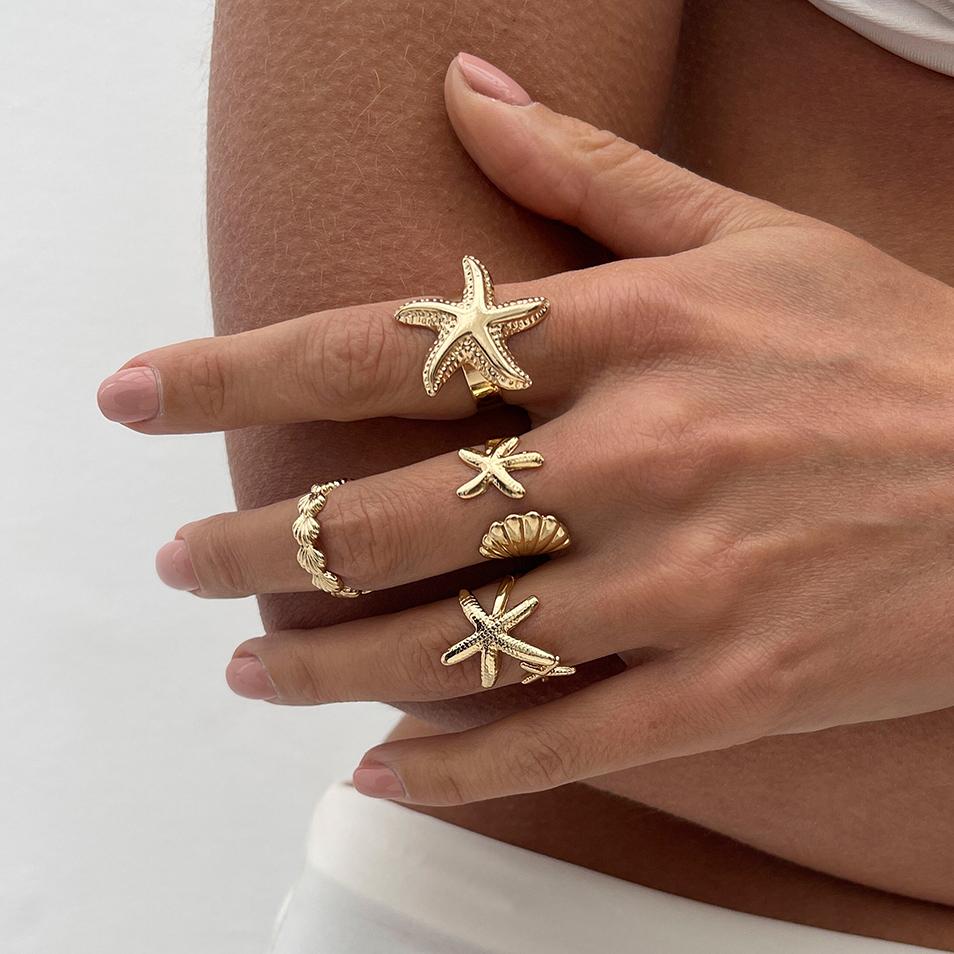 

Ingemark 4Pcs/Set Boho Gold Color Metal Starfish Open Rings for Women Summer Vintage Adjustable Finger Rings Aesthetic Jewelry