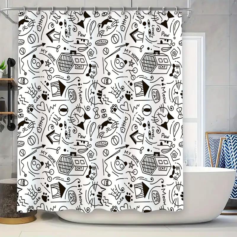 

Black White Cartoon Print Home Decor Shower Curtain Set With Hooks Cats Dogs Theme For Bathroom Decoration W60H190(CM)-1 Pcs