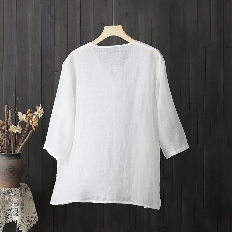 2024 Summer Lightweight Cotton Linen V-Neck Blouse - Zen Style, Plus Size, Mid-Sleeve, Comfortable, White Shirt