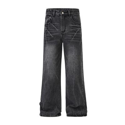 Spring and Autumn New Lightning Cracked Black Cow American Retro Loose Flare Jeans Men
